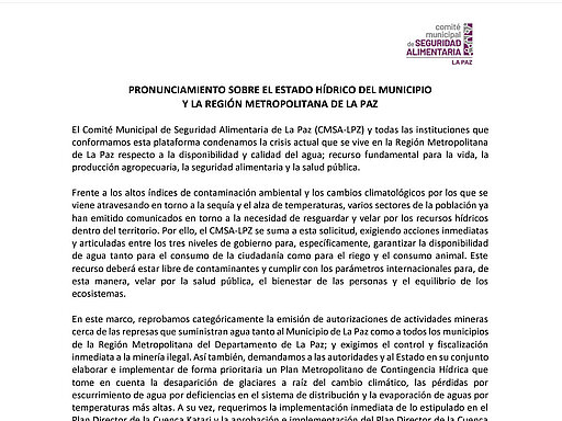 PRONUNCIAMIENTO SOBRE EL ESTADO HÍDRICO DEL MUNICIPIO  Y LA REGIÓN METROPOLITANA DE LA PAZ 
